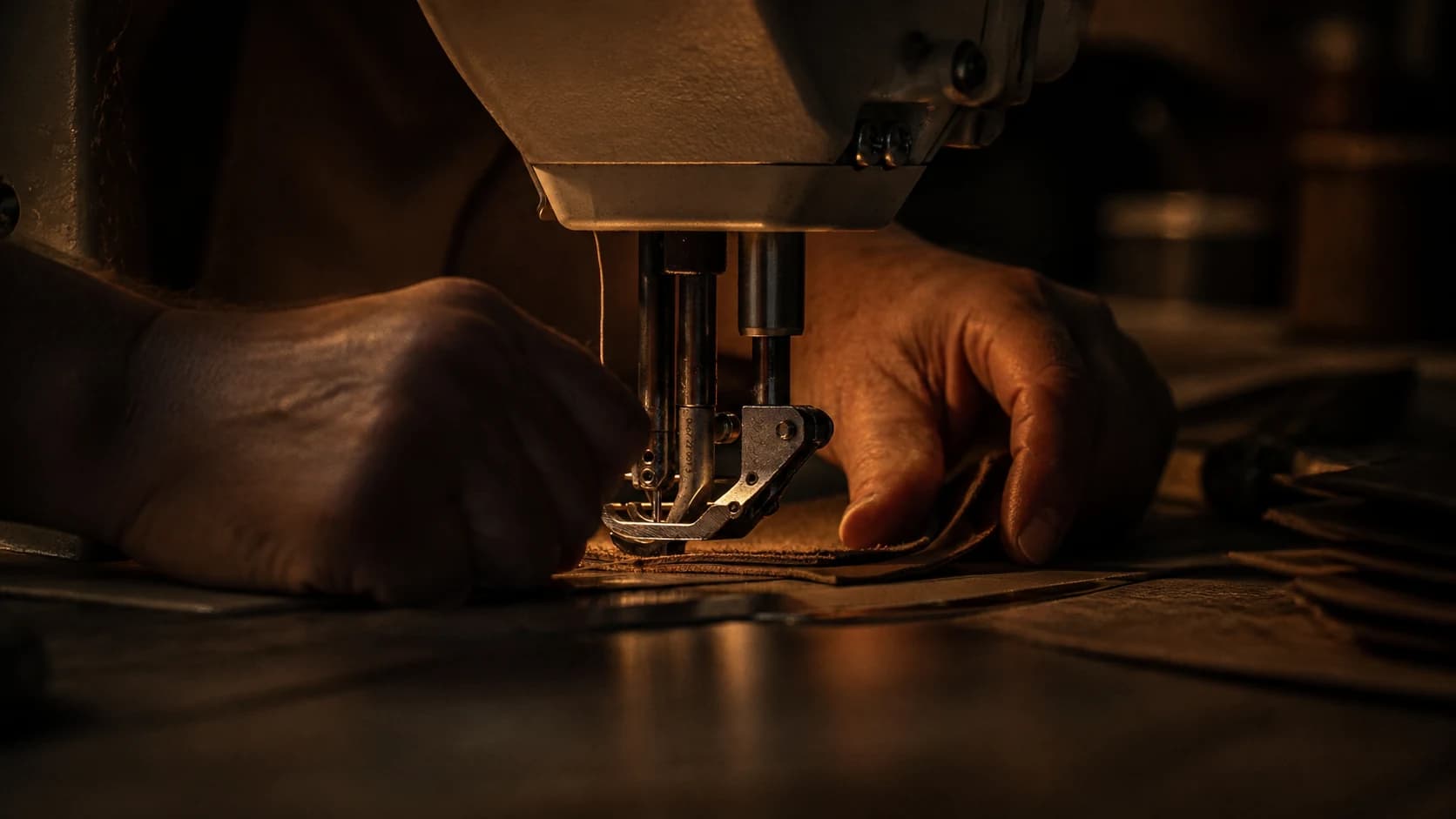 Leather being guided beneath a workshop sewing machine